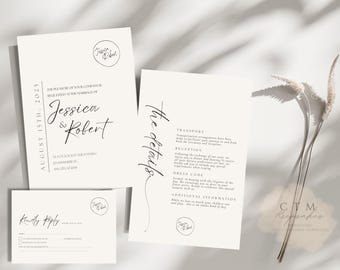 Minimalist Wedding Invitation Bundle | Cream Minimal Invitation Template Set | Printable Invites | Elegant Rsvp | Details Card | Editable