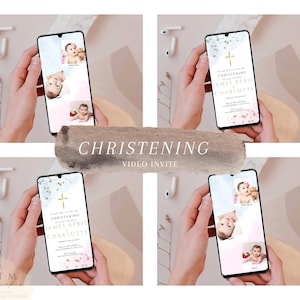 Może przedstawiać: Smartfon wyświetlający zaproszenie wideo na chrzest. Zaproszenie zawiera akwarelowe tło z złotymi akcentami i tekst "Proszę dołączyć do nas na chrzcie naszych bliźniak&oacute;w Jamesa, April i Charlotte".