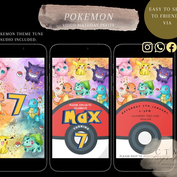 POKEMON VIDEO INVITATION | Animated | Pokemon Birthday Invite | Audio Invite | Pikachu | Boy/girl |  Kids Birthday | Phone Invite | Digital