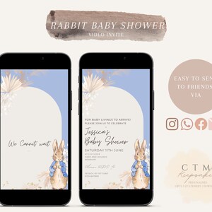 BABY SHOWER INVITE / Peter Rabbit / Animated Video Invite / Pink Rabbit / Blue Rabbit / Boho / Bunny / Pampas / Digital Smartphone Evite