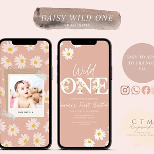 VIDEO DIGITALE UITNODIGING | Wild One | Daisy | Elektronische uitnodiging Smartphone | Baby&#39;s eerste verjaardag | Foto | 1e verjaardag | Baby Meisje