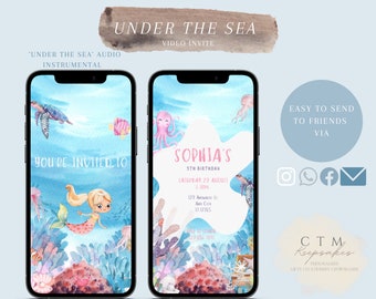May include: A digital invitation for a 5th birthday party with an under the sea theme. The invitation features a mermaid, an octopus, a turtle, and a treasure chest. The text on the invitation reads "Sophia's 5th Birthday, Saturday 23 August, 1-3pm, 123 Anywhere St, Any City, ST 12315, RSVP to 123 156-7250".