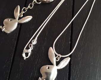 Sterling Silver Plated Necklace with Playboy Bunny/Playboy Keychain Set  USA SHIPPER, Ships Quickly!