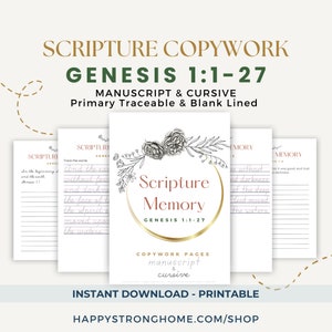 Genesis 1 Scripture Copy Work Pages Cursive / Manuscript Primary Wide-Ruled, Scripture Memory, Bible Memory image 1