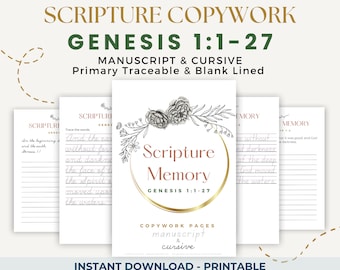 Genesis 1 Scripture Copy Work Pages - Cursive / Manuscript (Primary + Wide-Ruled, Scripture Memory, Bible Memory)