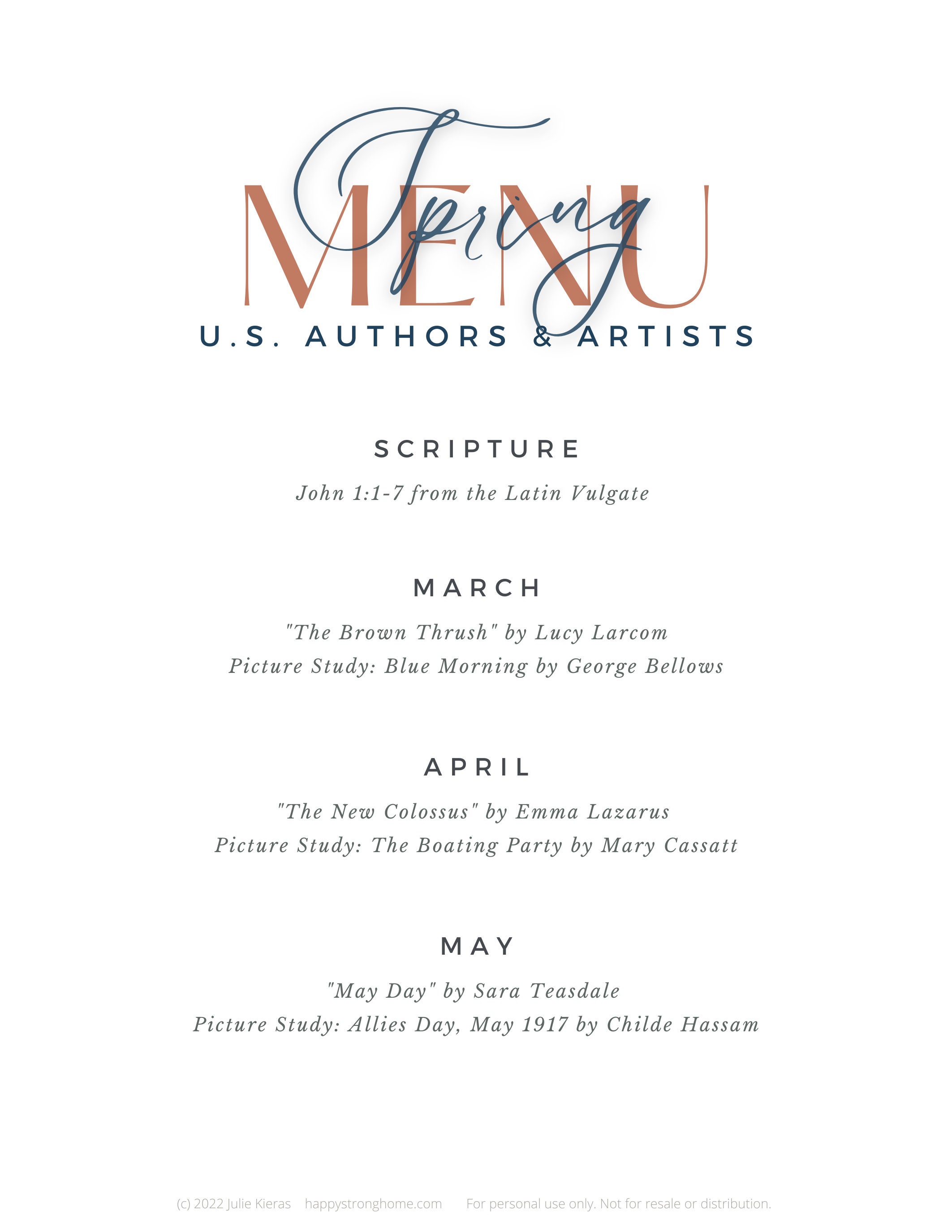 U.S. History Classical Morning Menu | Poetry, Art, Literature Study ...