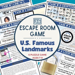 Escape Room Game for Kids – US Famous Landmarks Geography - 6 PUZZLE Escape Room Printable Kit – Class Celebration Games - Kids Puzzles