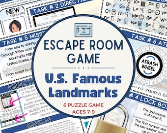 Escape Room Game for Kids – US Famous Landmarks Geography - 6 PUZZLE Escape Room Printable Kit – Class Celebration Games - Kids Puzzles