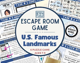 US Landmarks Escape Room Game – 6 Puzzles for Kids Geography Printable (PDF)