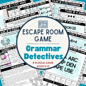 Puede incluir: Un póster colorido para un juego de escape room llamado "Grammar Detectives". El póster presenta un círculo grande con el título del juego y un círculo más pequeño con el logotipo del juego. El póster también presenta varias imágenes más pequeñas de las diferentes tareas del juego.