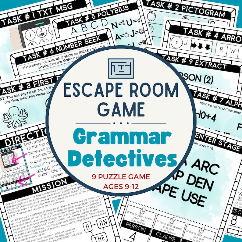 Escape Room Printable Game for Kids Grammar Detectives Escape Room Kit Class Celebration Games Kids Puzzles image 1