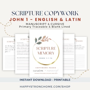 John 1 - English/Latin Scripture Copywork Pages - Cursive / Manuscript (Primary + Wide-Ruled, Bible Memory)