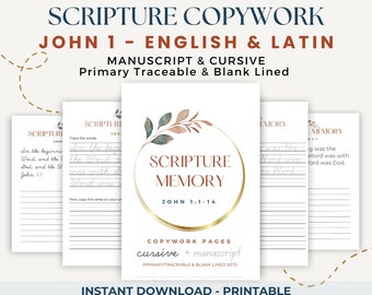 John 1 - English/Latin Scripture Copywork Pages - Cursive / Manuscript (Primary + Wide-Ruled, Bible Memory)