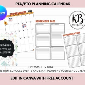 PTA, PTO, Parent In Education Group 2025-2026 School Year Calendar CANVA Template, Planner Binder Printable, School Binder Planner Form