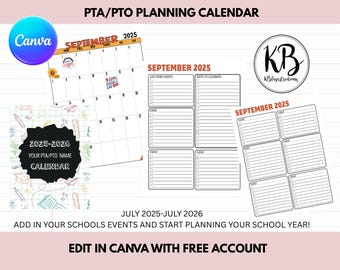 PTA, PTO, Parent In Education Group 2025-2026 School Year Calendar CANVA Template, Planner Binder Printable, School Binder Planner Form