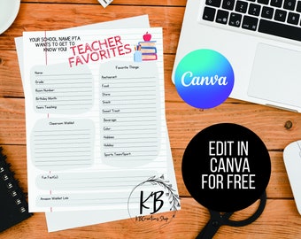 PTA/PTO Canva Teacher Favorite Questions, Canva Download, Free Edit, Print at Home, PDF File Included, Editable Download