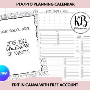 PTA, PTO, Parent In Education Group 2025- 2026 School Year Calendar CANVA Template  Planner Binder Printable, School Binder Planner Form