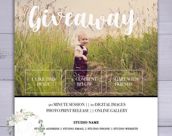 May include: A giveaway announcement for a 20-minute photo session with 10 digital images, a photo print release, and an online gallery. The image features a child standing in a field of tall grass. To enter the giveaway, like the image, comment below, and share with friends.