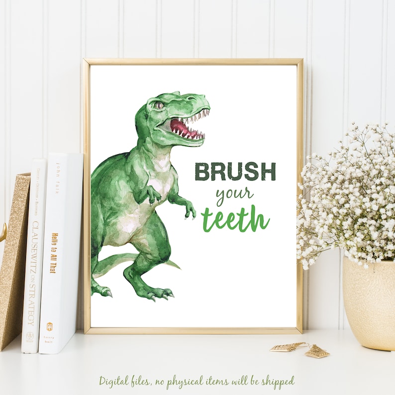 Brush Your Teeth Wall Art Brush Your Teeth Poster Dinosaur | Etsy
