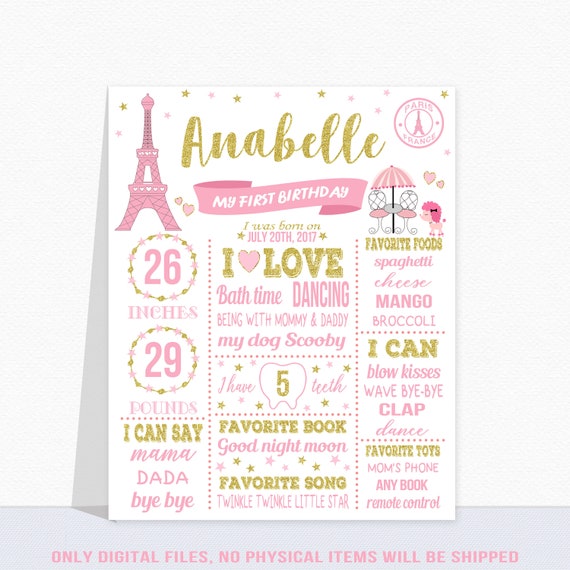 Paris Birthday Stat Chalk board Digital Poster -ANY COLORS