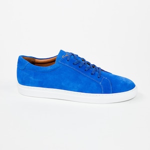 May include: A single blue suede sneaker with white soles and matching laces. The shoe has a low-profile design and a classic, casual style. The sneaker is set against a white background.