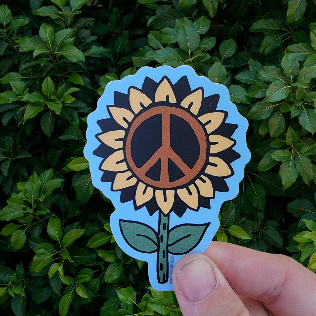 Sunflower Block Print Sticker: Peace Flower Linocut, Hand Drawn Vinyl ...