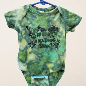 Be Kind to All Kinds Block Print Shirt, Bug Linocut: Tie dye Baby Onesie