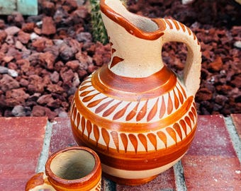 Handcrafted Talavera Terracotta Water Jug With Cup - Mexican