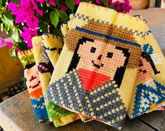 Handmade Colorful Napkins from Queretaro, Mexico.  Punto de Cruz| Cross stitch Lele Doll