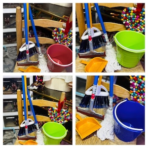 pretend play set of 5 | Broom, dustpan|mop| ,mop| bucket & squeegee water pusher