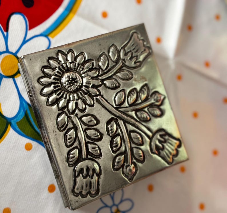 Mexican Punched Tin Jewelry Box w/ design tin box #1
