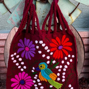 May include: A burgundy tote bag with braided handles and colorful floral and bird embroidery. The embroidered flowers are purple, pink, and red, with a blue, yellow, and green bird. White dots and green vines accent the design.