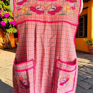 May include: A sleeveless apron featuring a pink and white plaid pattern with bright pink trim along the neckline, armholes, and two front pockets. The garment is decorated with embroidered floral motifs in shades of red, yellow, and purple.