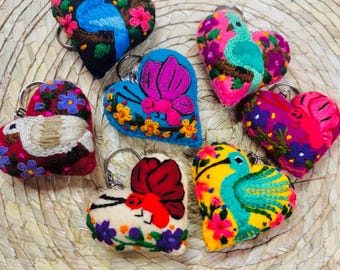 Hand Embroidered Hearts Mexican Ornament Heart Keychain Corazon Bordado