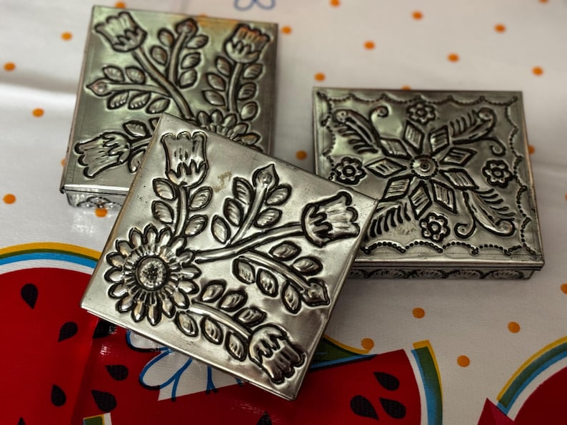 Mexican Punched Tin Jewelry Box w/ design image 1