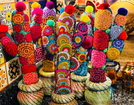 Embroidered Cactus Floral Canister House Decor Wicker Basket