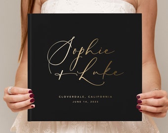 Wedding Guest Book. Personalized Gold Foil Horizontal Wedding Book With Calligraphy Names. Hardcover Guest Book Album. Photo Book Idea KP3B