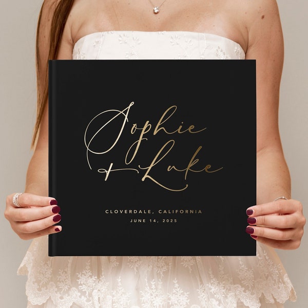 Wedding Guest Book. Personalized Gold Foil Horizontal Wedding Book With Calligraphy Names. Hardcover Guest Book Album. Polaroid Book. KP3B