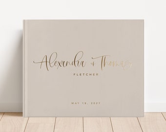 Wedding Guest Book. Personalized Gold Foil Horizontal Wedding Book With Calligraphy Names. Hardcover Guest Book Album. Photo Book Idea DH3C