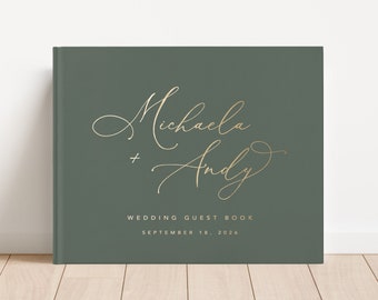 Wedding Guest Book. Personalized Gold Foil Horizontal Wedding Book With Calligraphy Names. Hardcover Guest Book Album. Photo Book Idea. DH1B