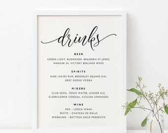 wedding bar menu template drink sign printable bar menu etsy