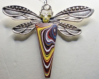 30" Dragonfly Fordite Detroit Agate necklace Stering Silver Chain DFF009