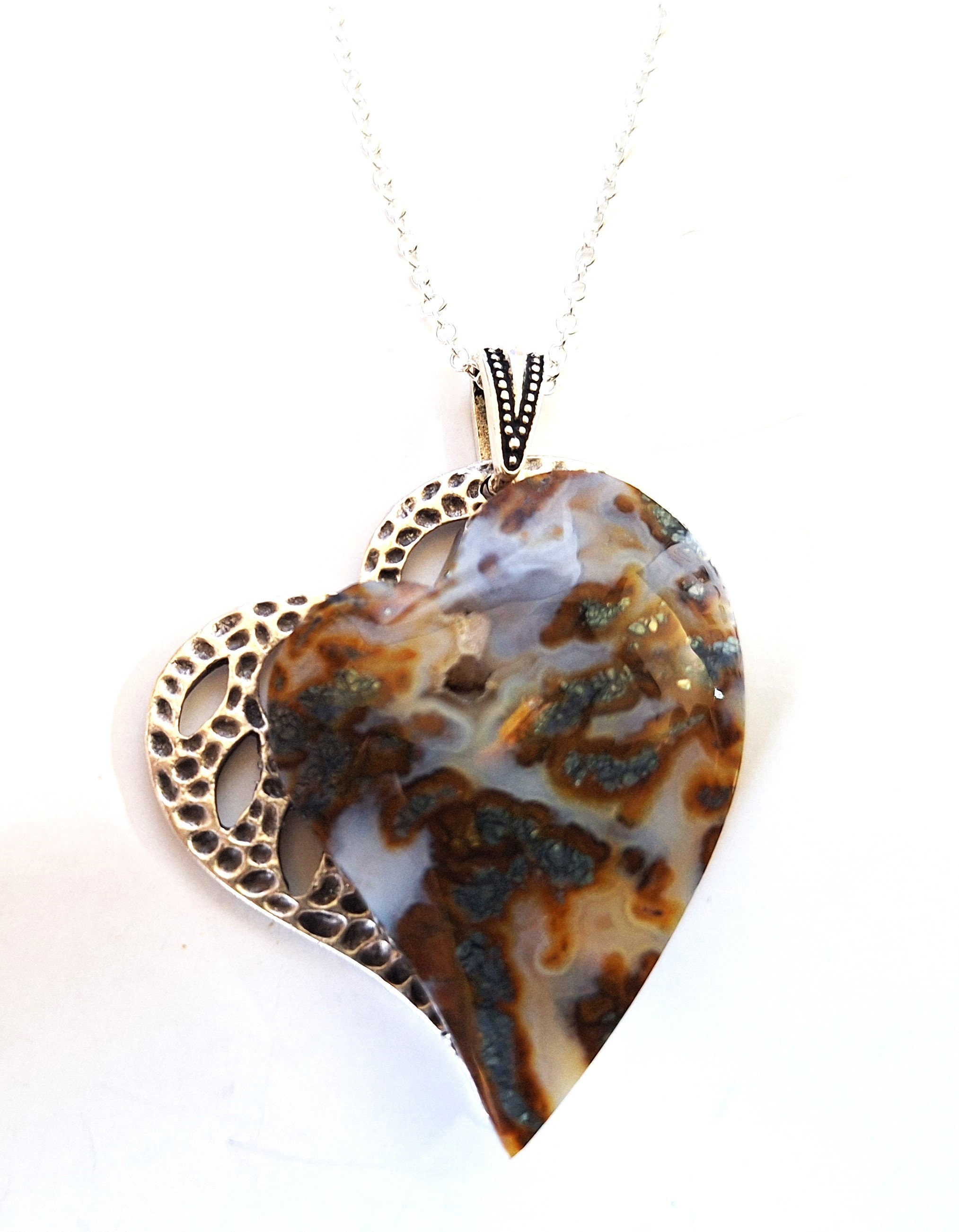 20インチ 美しい手作りの瑪瑙ハートと銀メッキハート AH3 - Etsy 日本