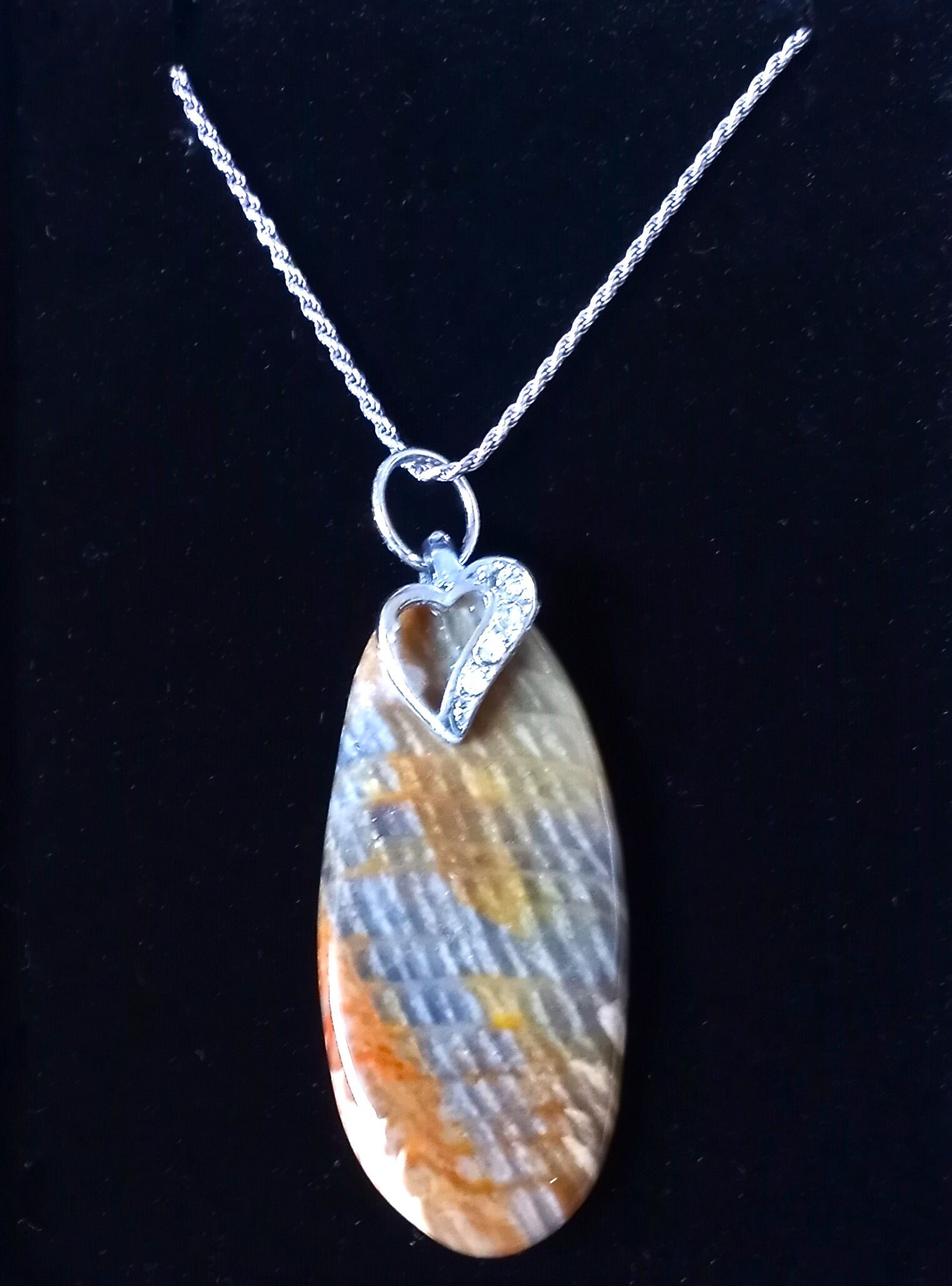 Petrified Wood necklace with Sterling Heart Bail with CZ 22" long