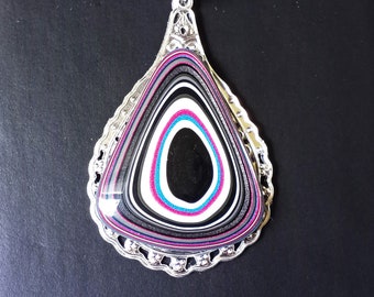20&quot; Fordite Detroit Agate Necklace on Silver Setting and Chain F82