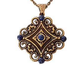 Hermoso collar de cabujón de lapislázuli de 22" con engaste de bronce y cadena de 5 cabujones LL7
