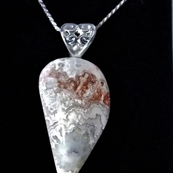 20" Crazy Lace Agate Cabochon Necklace on Sterling Silver Italian Chain CLA88