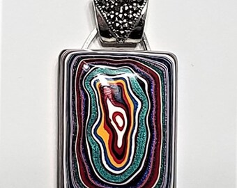 Ultra Rare Fordite Detroit Agate Cabochon Necklace on Sterling Silver Bail and Chain CZ DAF999