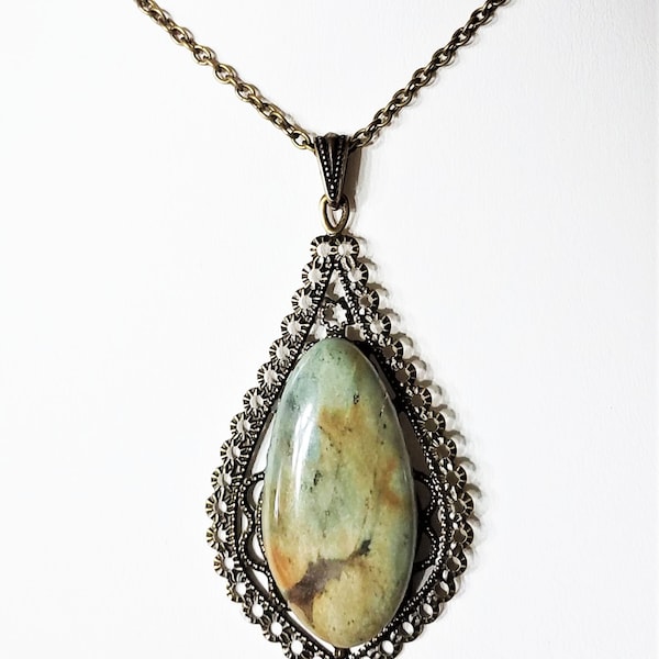 22" Silified Volcanic Ash from Idaho, Cabochon Necklace on Bronze setting & Chain  VA998
