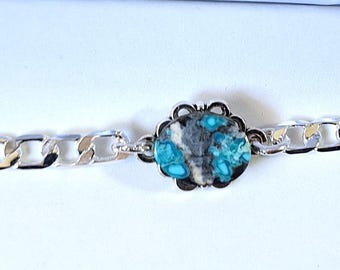 "7" Schönes Hubei Türkis Sterling Silber Cabochon Armband HT061